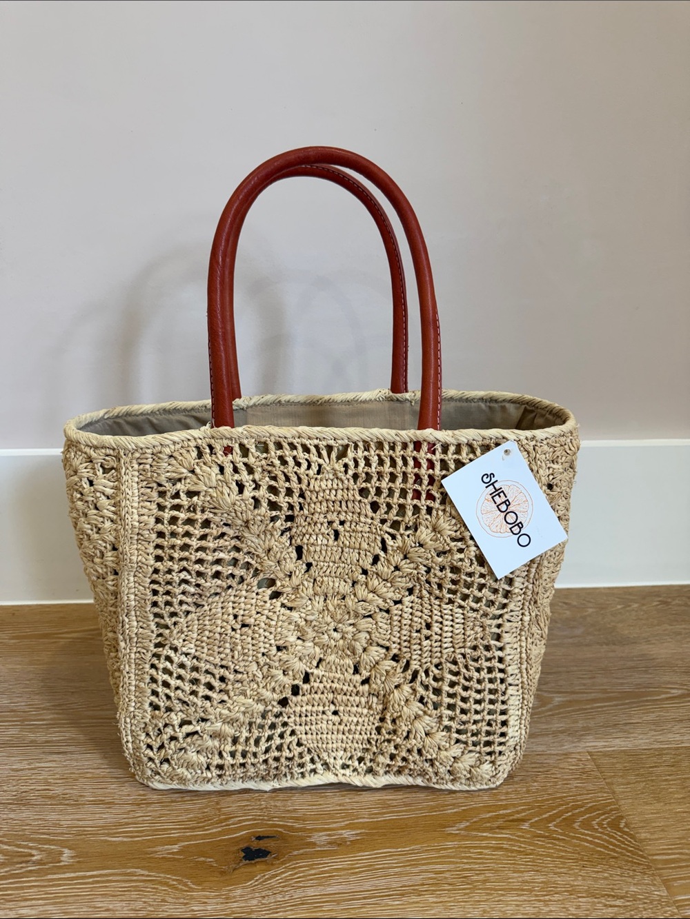 Natural Crochet Beach Tote with Brown Handles